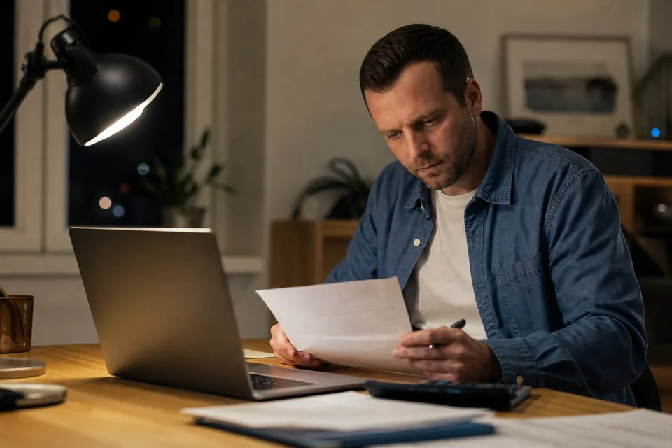 A man at a home desk at night comparing a printed card statement with his laptop