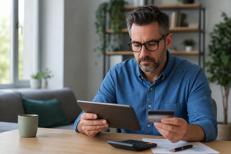 A man at a desk checking his monthly card statement on a tablet with a calculator beside it