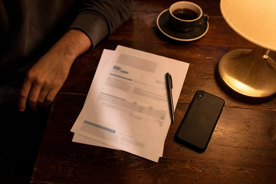 A phone face down beside a printed card statement and a pen on a kitchen table at night