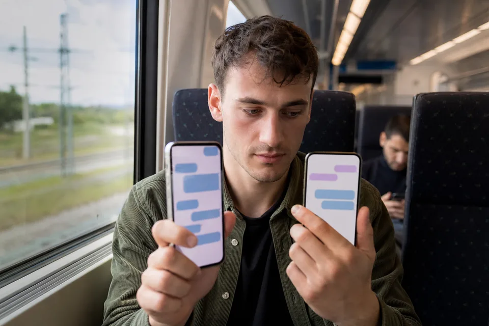 A man on a train comparing two phones side by side