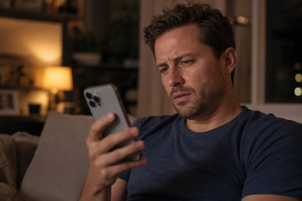 A man on a couch at night checking the subscription list on his phone