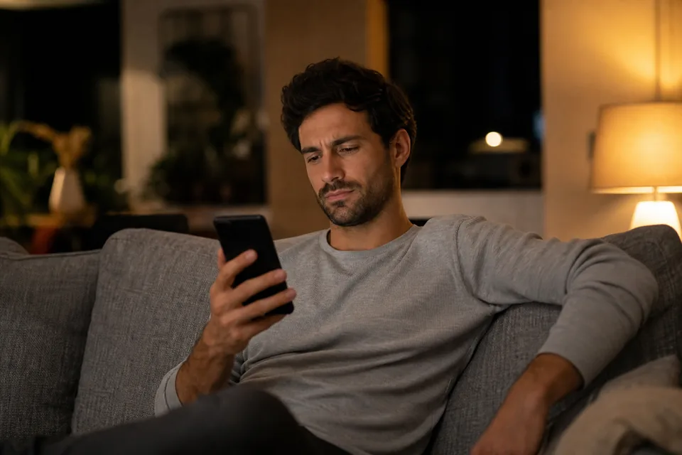A man on a couch at night frowning at his phone