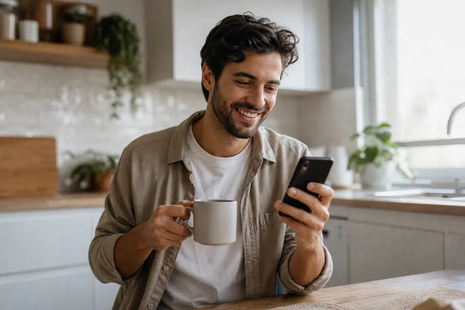 A man in his late twenties smiling at his phone over morning coffee in a kitchen