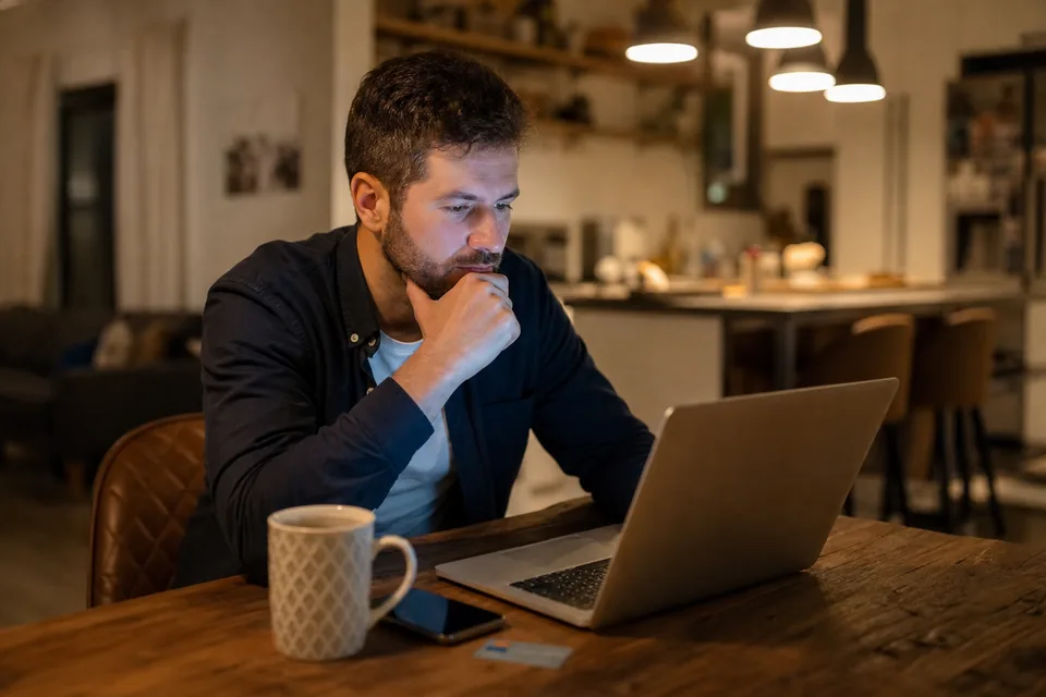 A man at a kitchen table reading a card renewal notice on his laptop, phone beside him