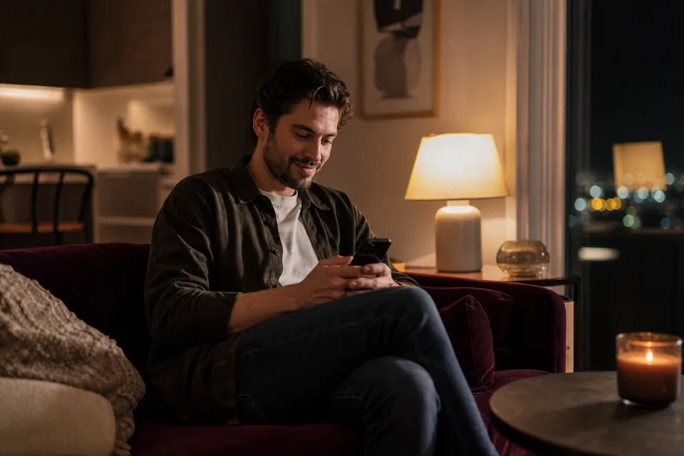 A man on a velvet sofa smiling at a message on his phone in the evening